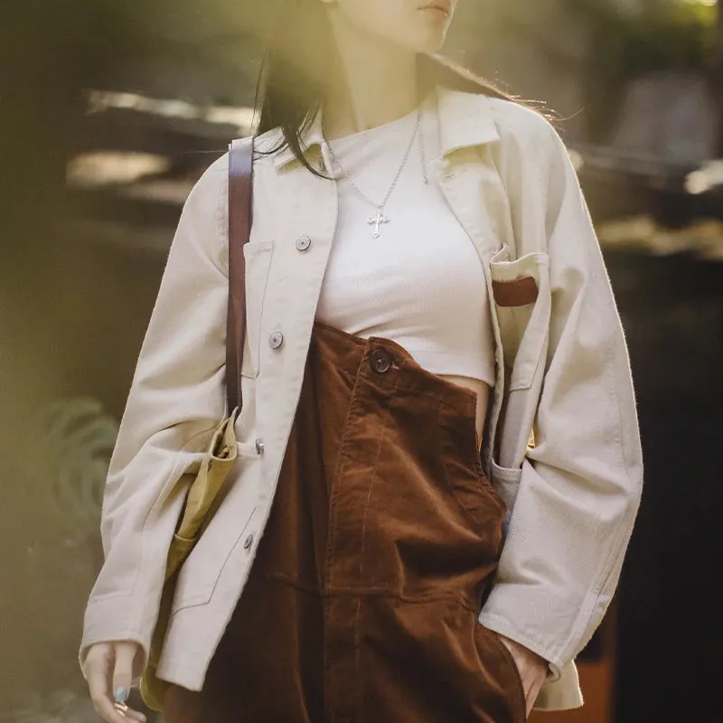 -Women's White Denim Jacket, Loose Top Design, American Vintage Lazy Style, Pure Cotton Jacket, Autumn and Winter