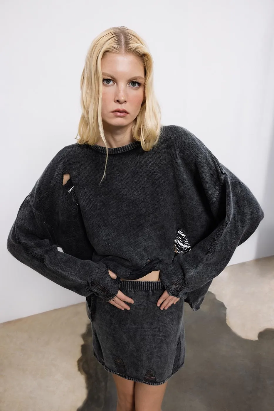 Anthracite Knitwear Frayed Mini Pencil Skirt