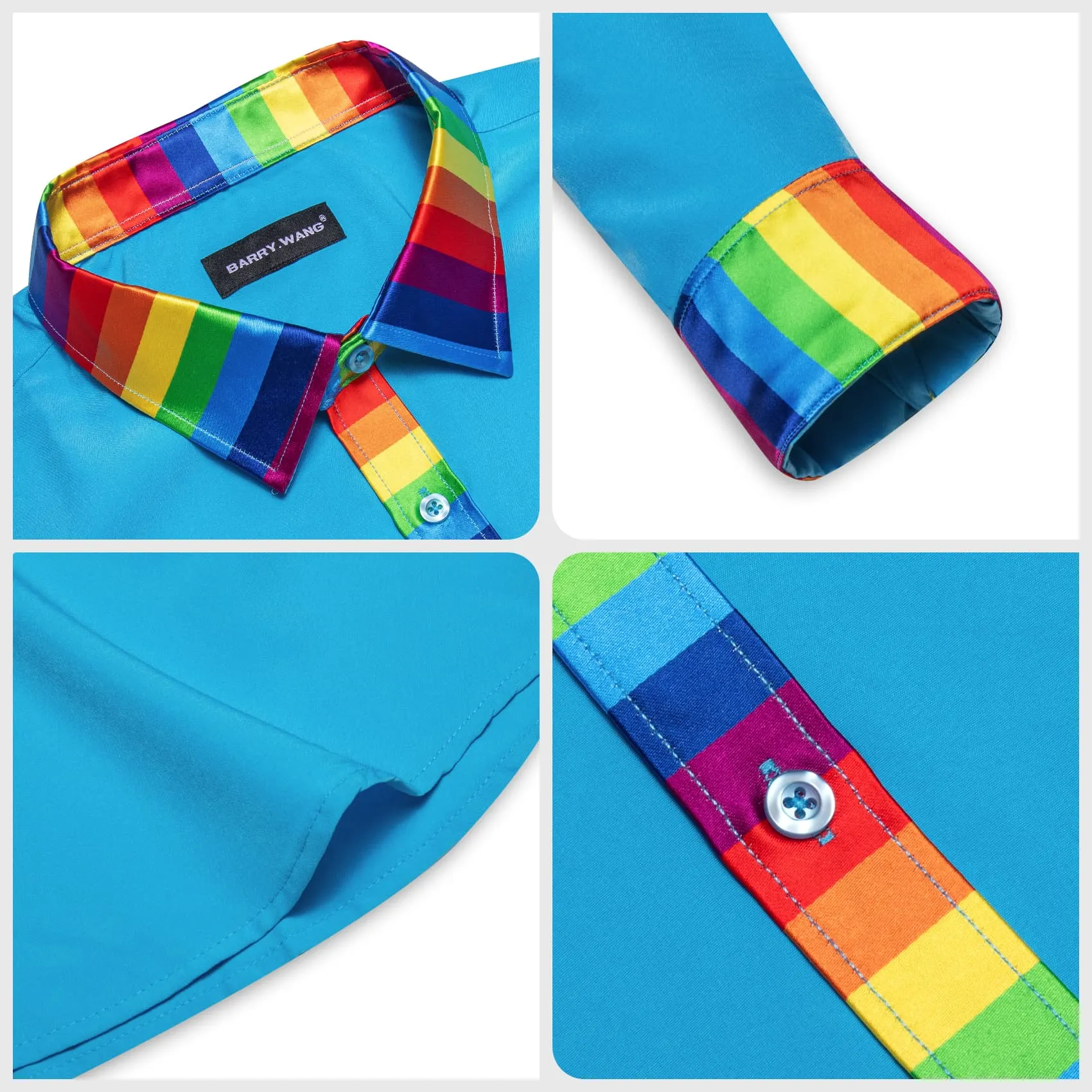 Barry Wang Splicing Collar Cuffs Shirt Bright Cerulean Blue Men Shirt