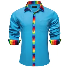 Barry Wang Splicing Collar Cuffs Shirt Bright Cerulean Blue Men Shirt