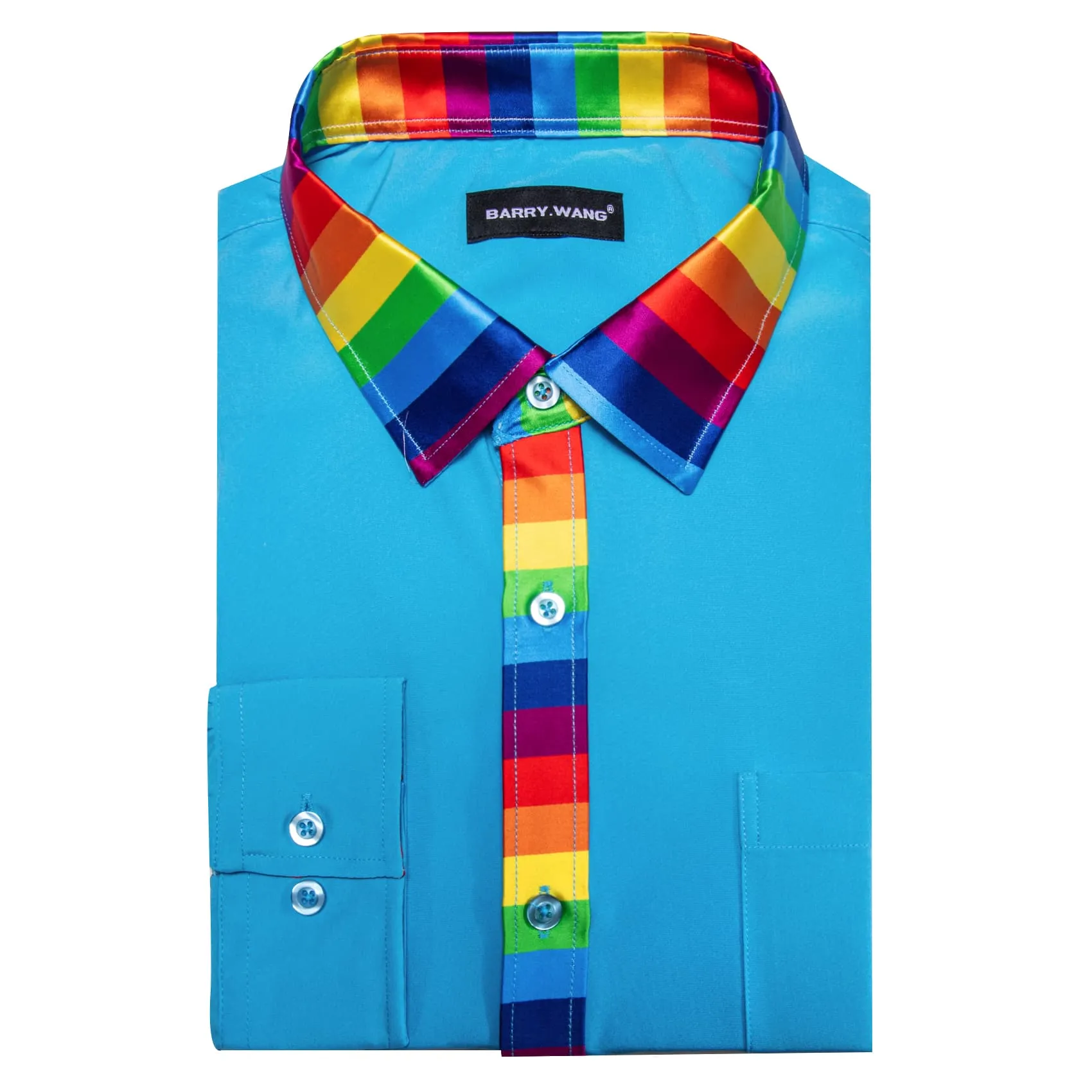 Barry Wang Splicing Collar Cuffs Shirt Bright Cerulean Blue Men Shirt
