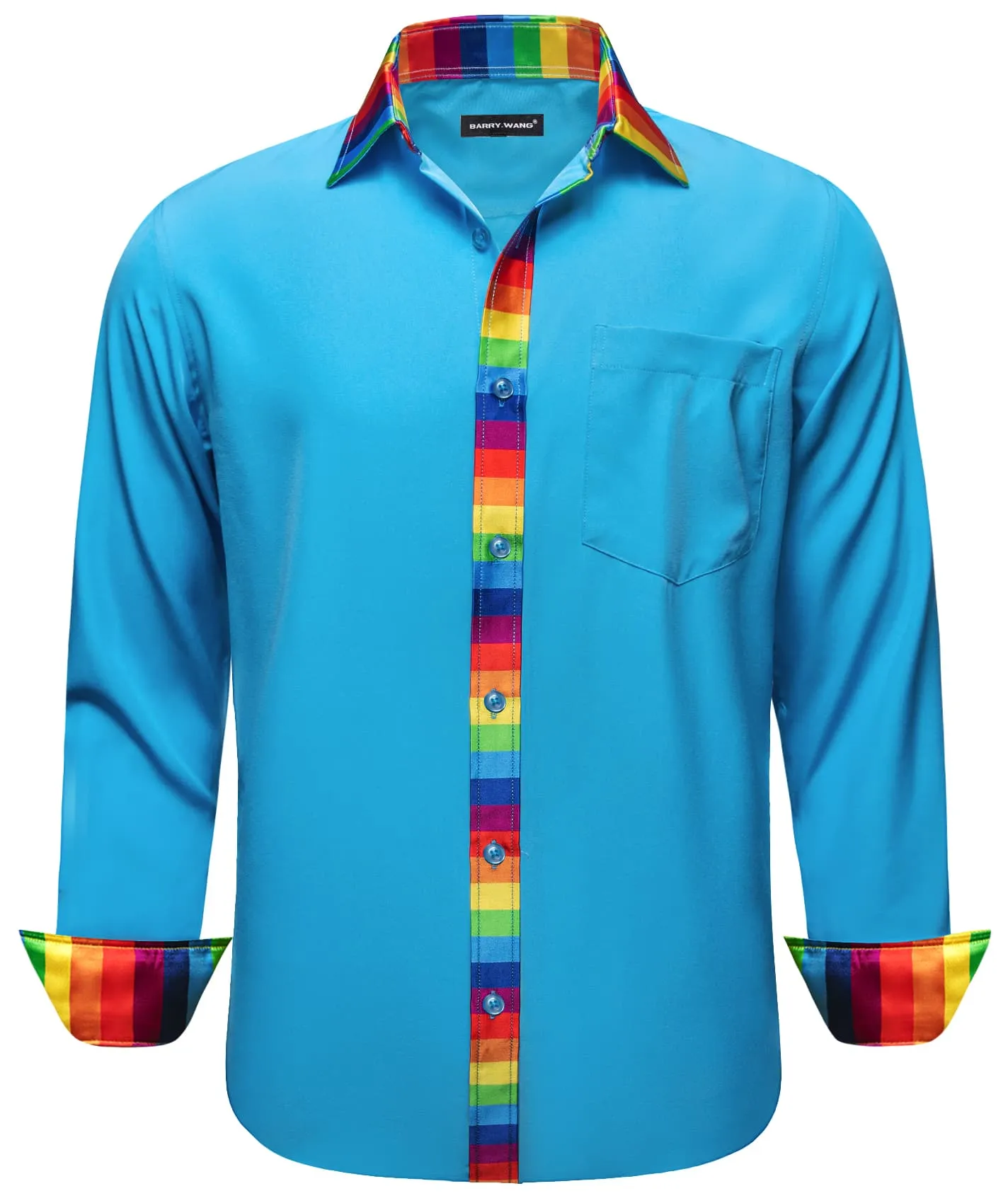 Barry Wang Splicing Collar Cuffs Shirt Bright Cerulean Blue Men Shirt