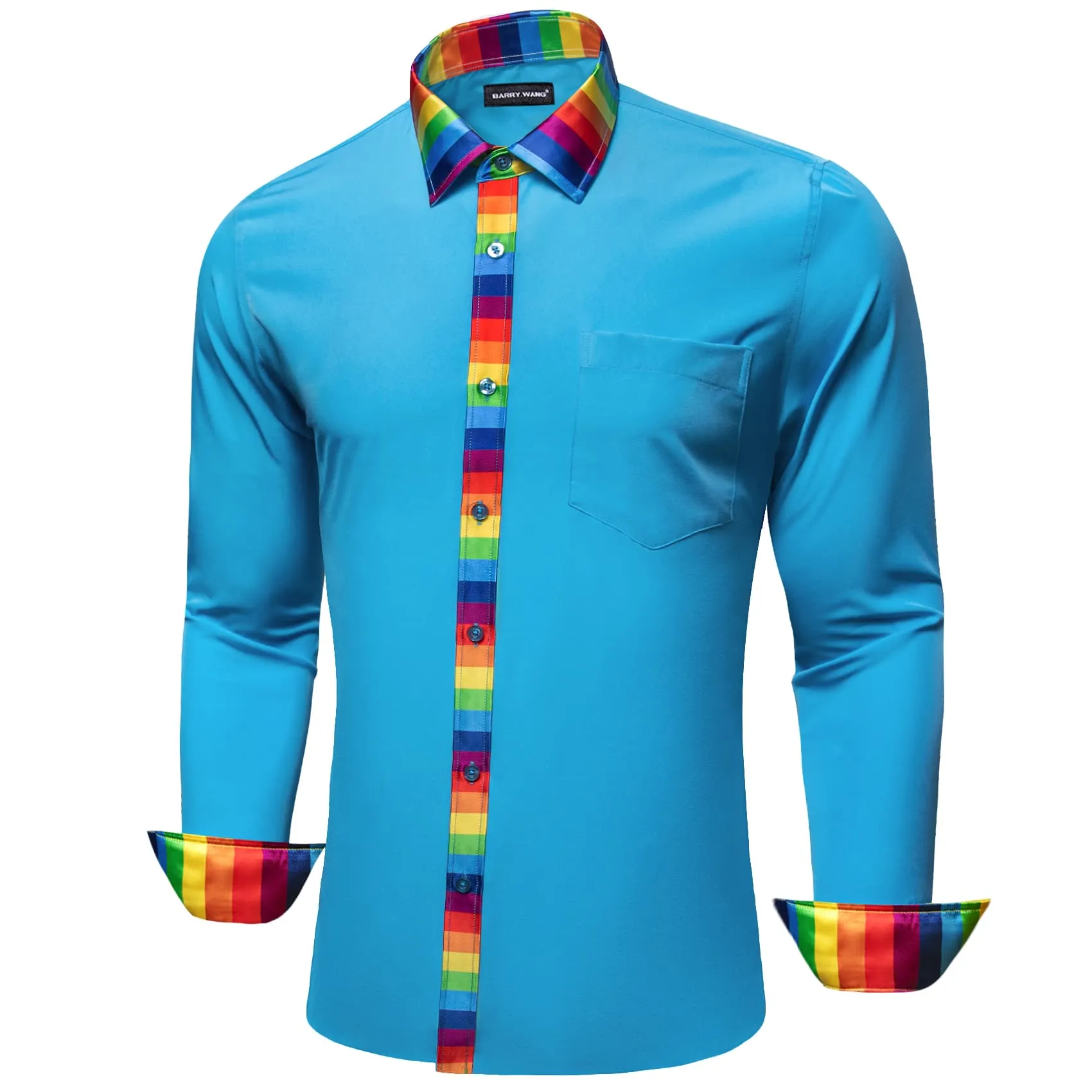 Barry Wang Splicing Collar Cuffs Shirt Bright Cerulean Blue Men Shirt