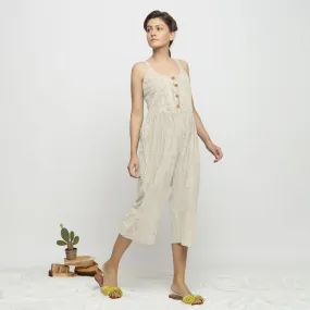 Beige Block Print 100% Cotton Button-Down Midi Jumpsuit