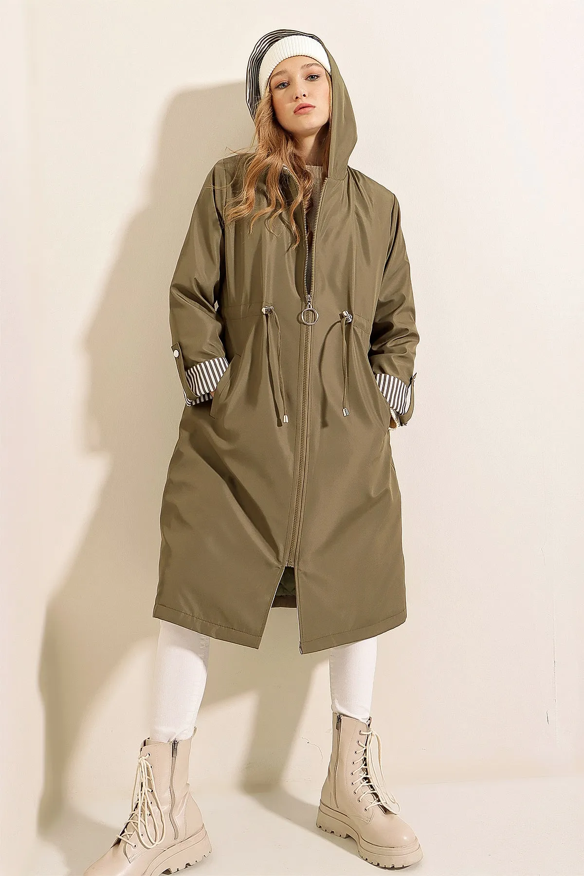 BGD Women Waist Gathered Hooded Trench Coat - Khaki - Beaumont