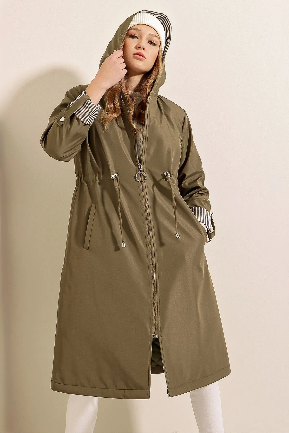 BGD Women Waist Gathered Hooded Trench Coat - Khaki - Beaumont