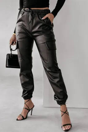 Black Drawstring Waist Cargo Leather Jogger Pants