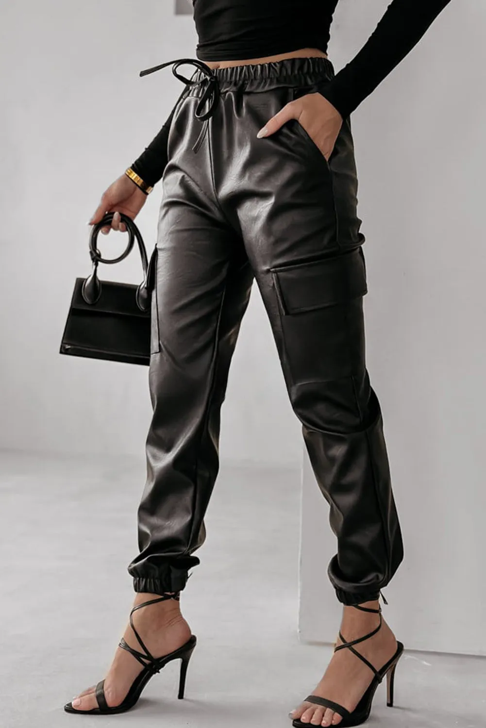 Black Drawstring Waist Cargo Leather Jogger Pants