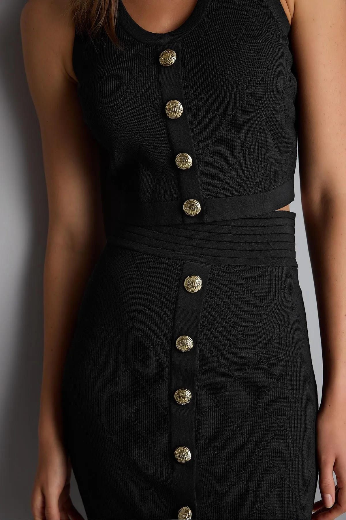 Black Knitwear Pencil Skirt with Ornamental Button Detail