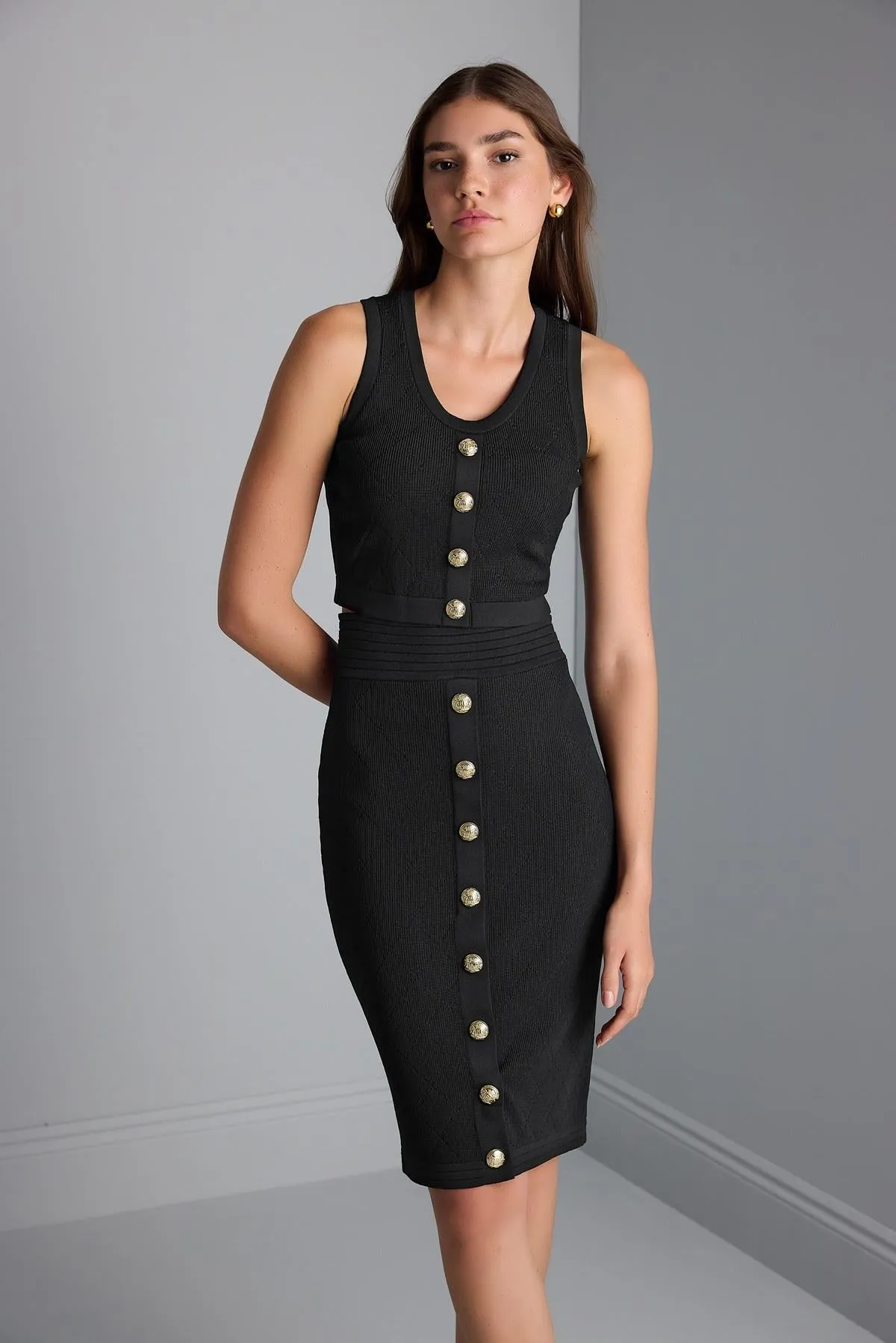 Black Knitwear Pencil Skirt with Ornamental Button Detail