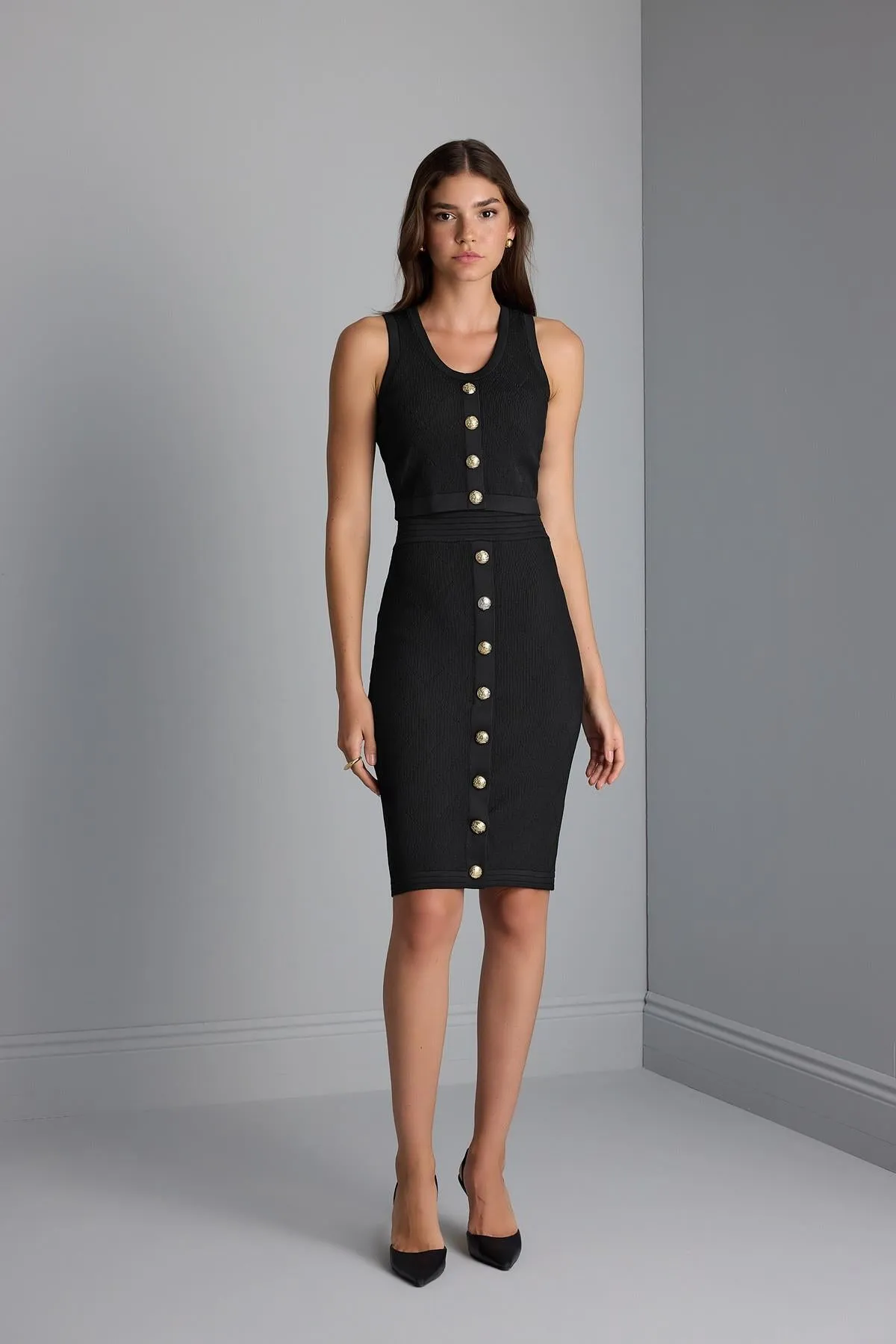 Black Knitwear Pencil Skirt with Ornamental Button Detail