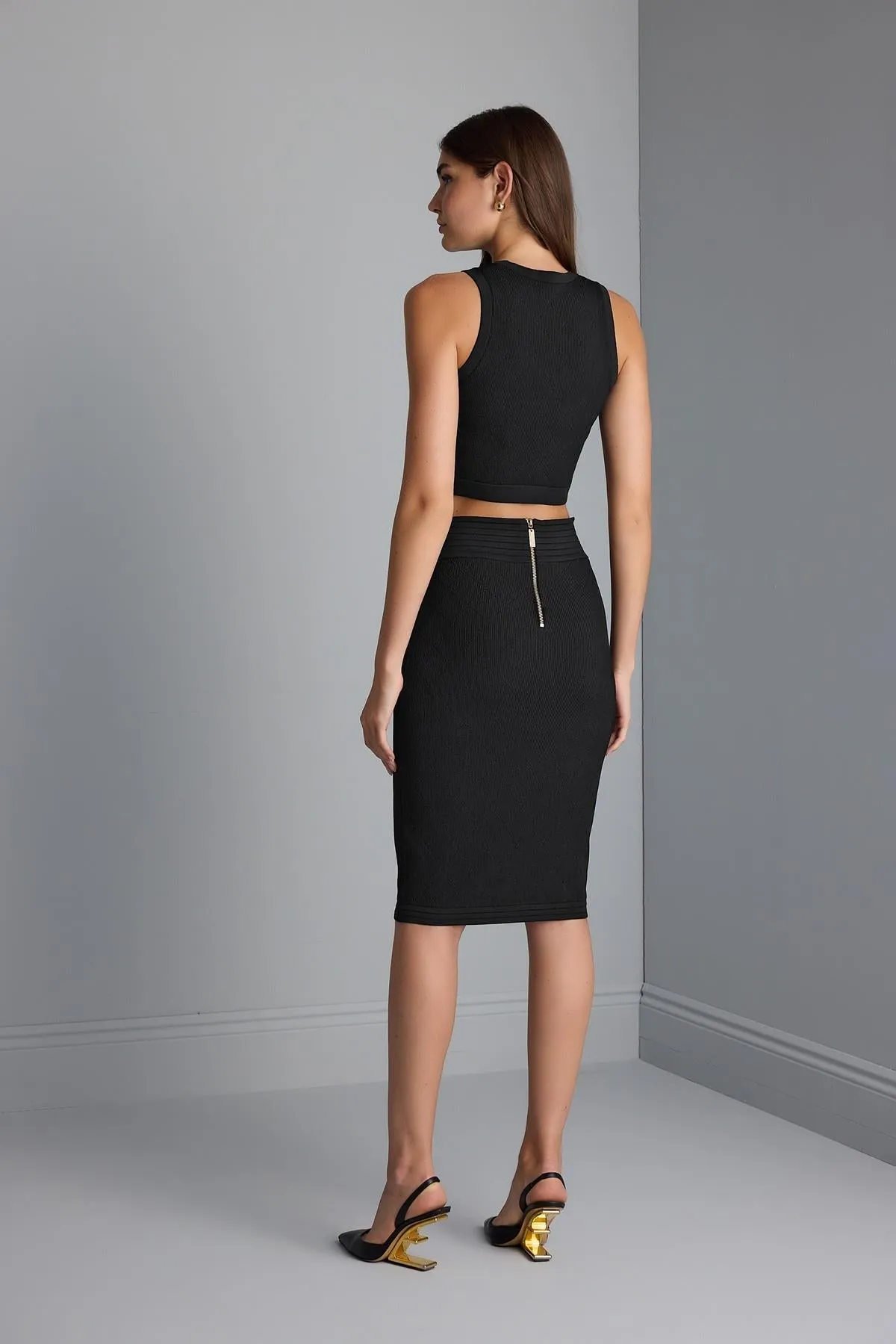 Black Knitwear Pencil Skirt with Ornamental Button Detail