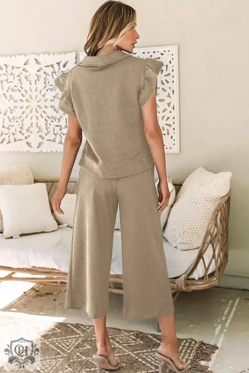 Black Textured Flutter Sleeve Top Wide Leg Pants Set