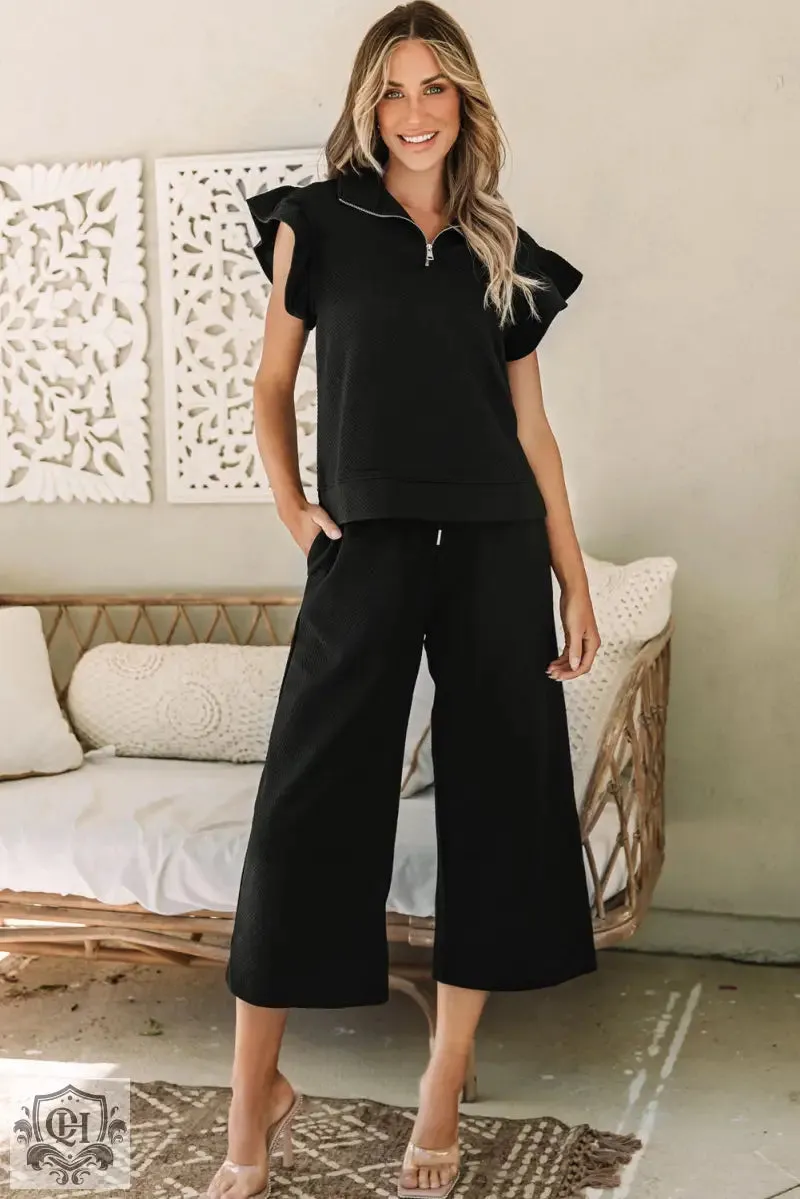Black Textured Flutter Sleeve Top Wide Leg Pants Set