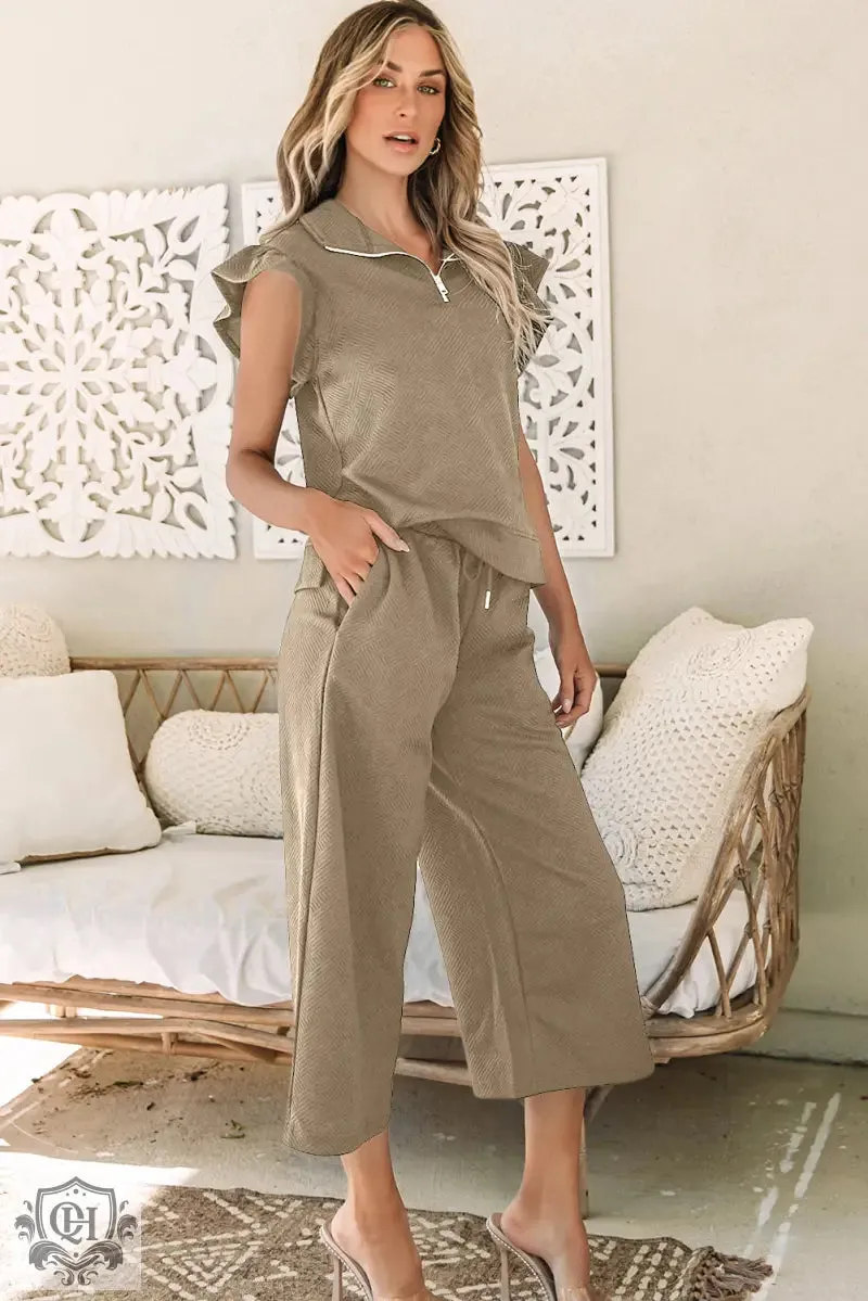 Black Textured Flutter Sleeve Top Wide Leg Pants Set