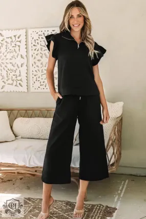 Black Textured Flutter Sleeve Top Wide Leg Pants Set