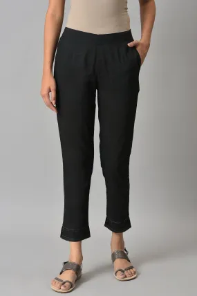 Black Yarn-Dyed Gathered Trouser Pants