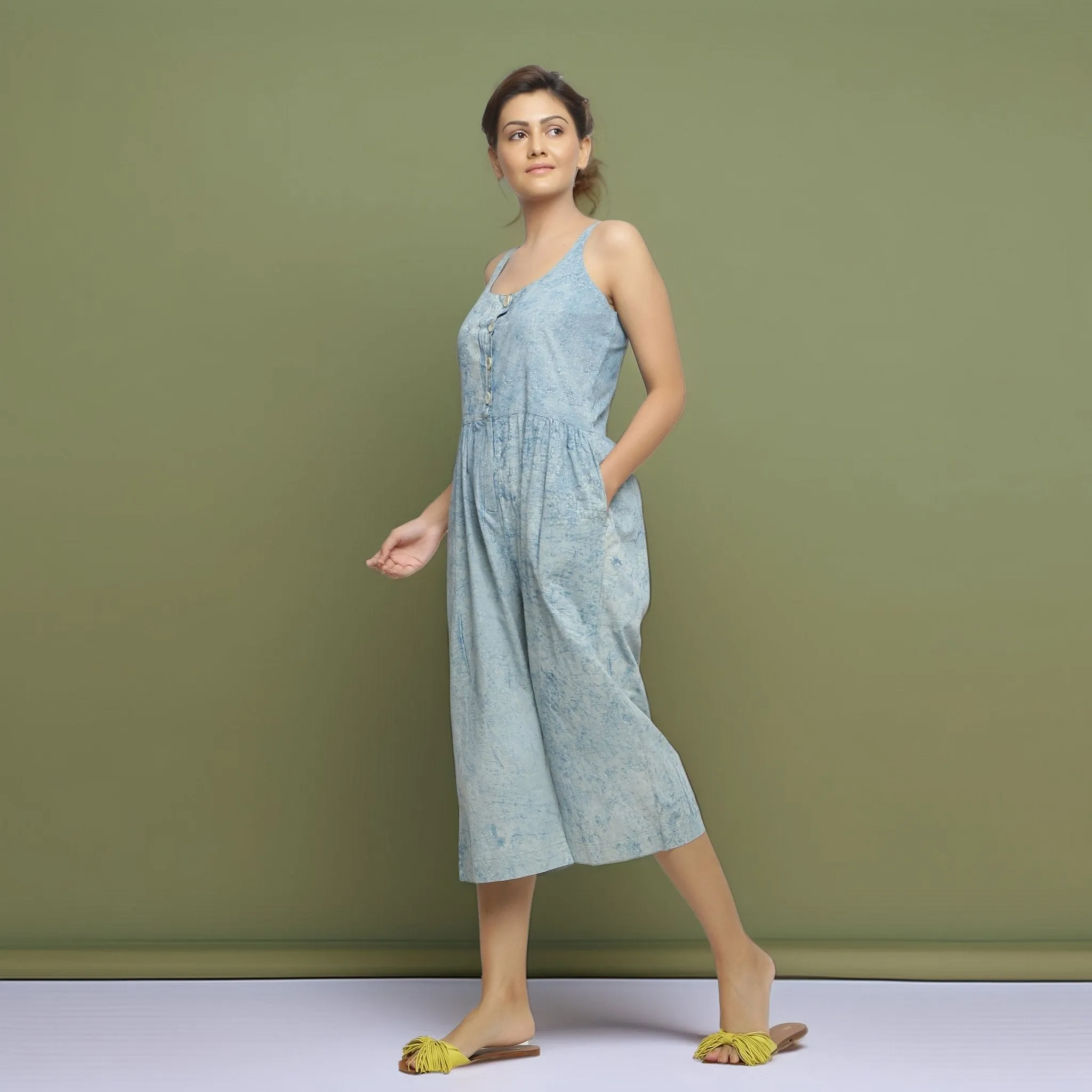 Blue Dabu Print Natural Dyed Cotton Midi Jumpsuit