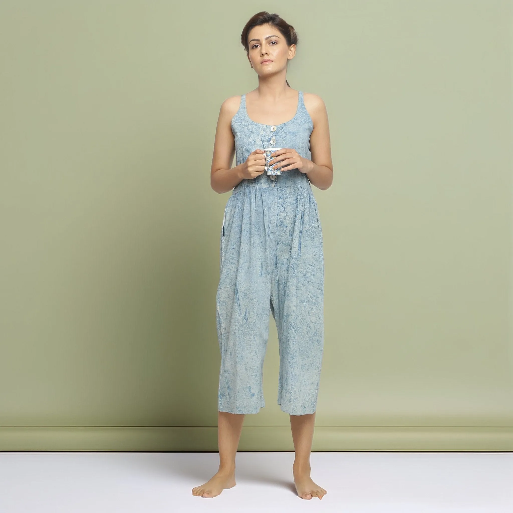 Blue Dabu Print Natural Dyed Cotton Midi Jumpsuit
