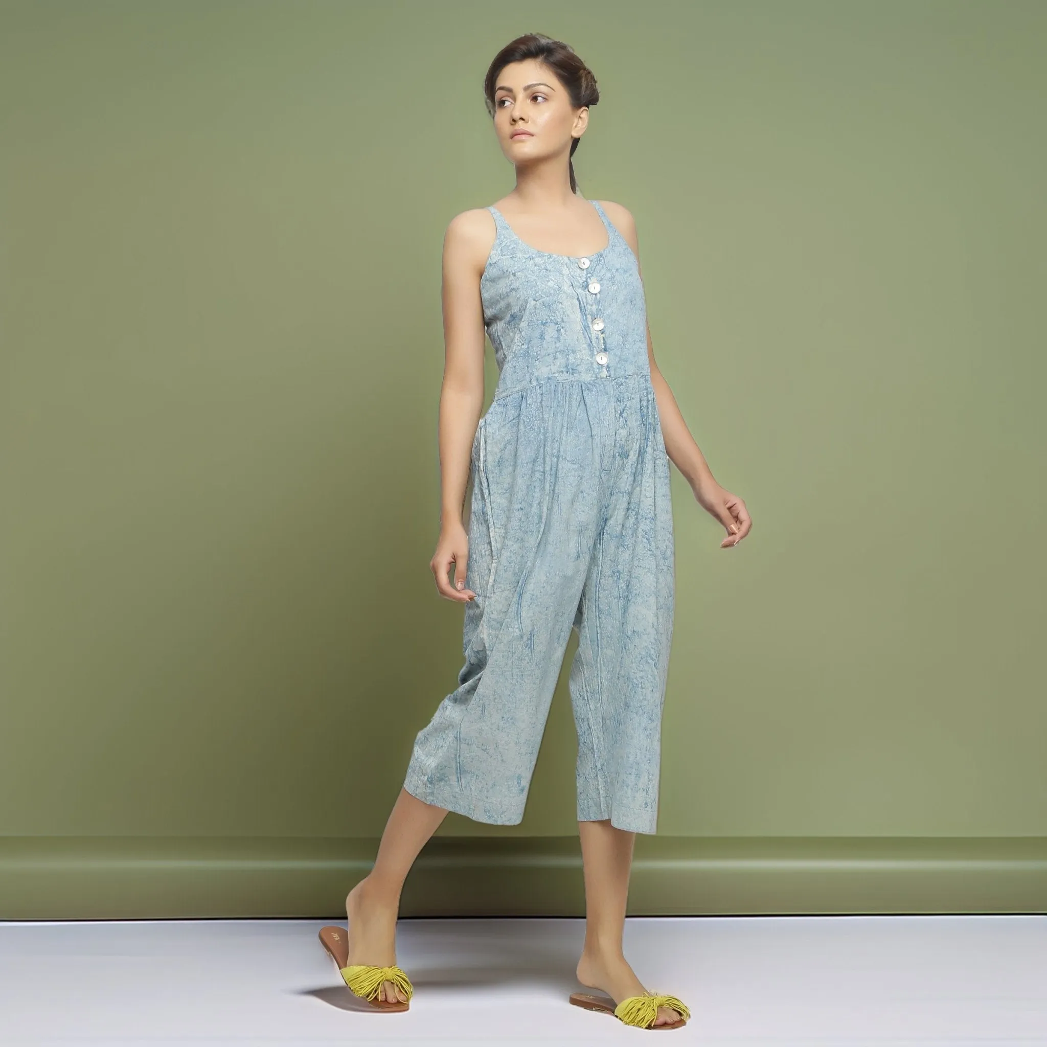 Blue Dabu Print Natural Dyed Cotton Midi Jumpsuit