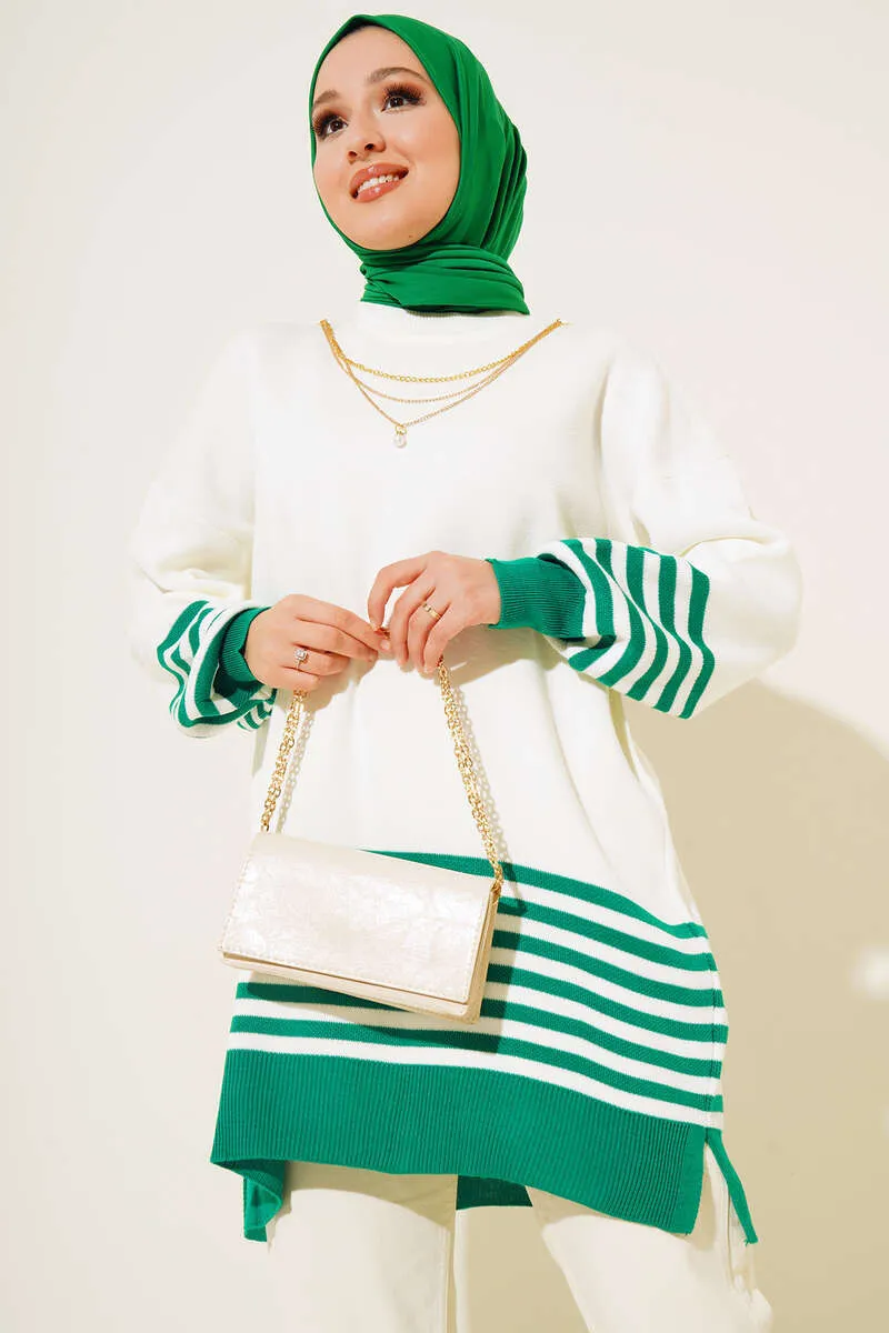 BNG Women Green Striped Knit Tunic with Sleeves - Clermont