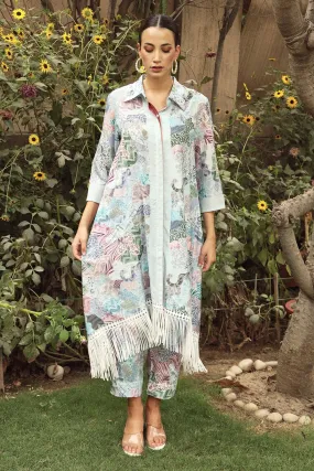 Boho Bedazzled Botanical Fringe Tunic Set - Blue