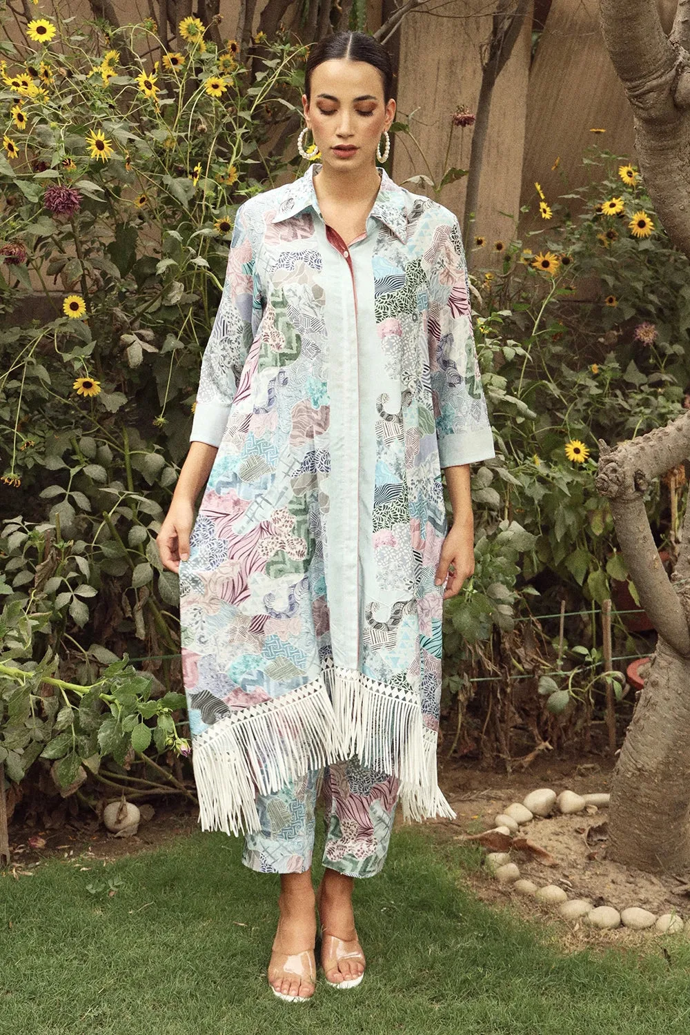Boho Bedazzled Botanical Fringe Tunic Set - Blue