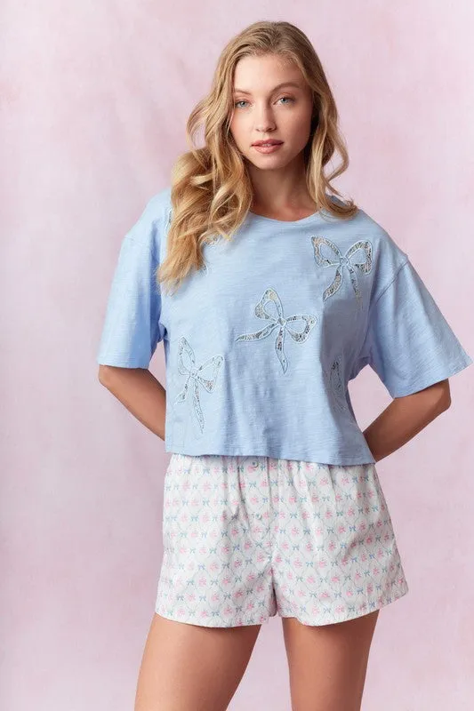 Bow Lace Laser Cut Embroidered Top Denim Blue