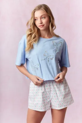 Bow Lace Laser Cut Embroidered Top Denim Blue