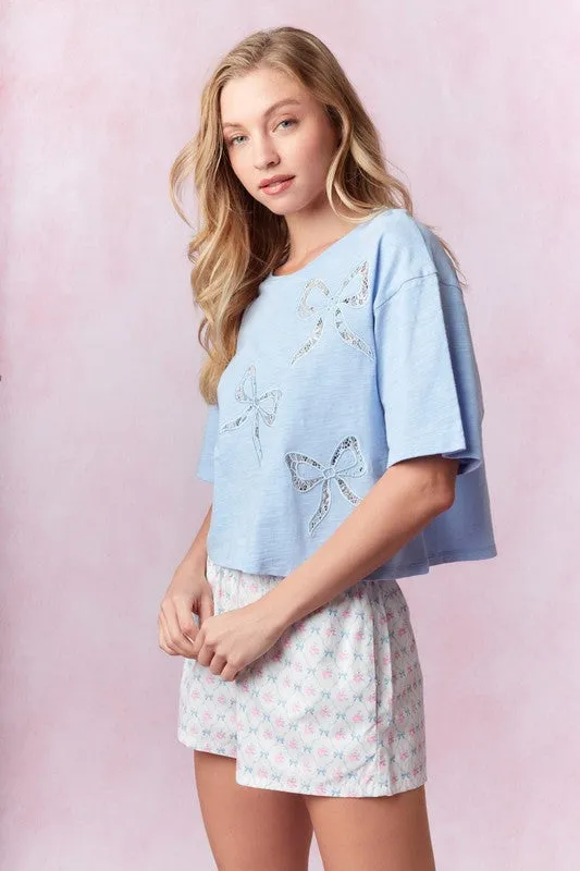 Bow Lace Laser Cut Embroidered Top Denim Blue