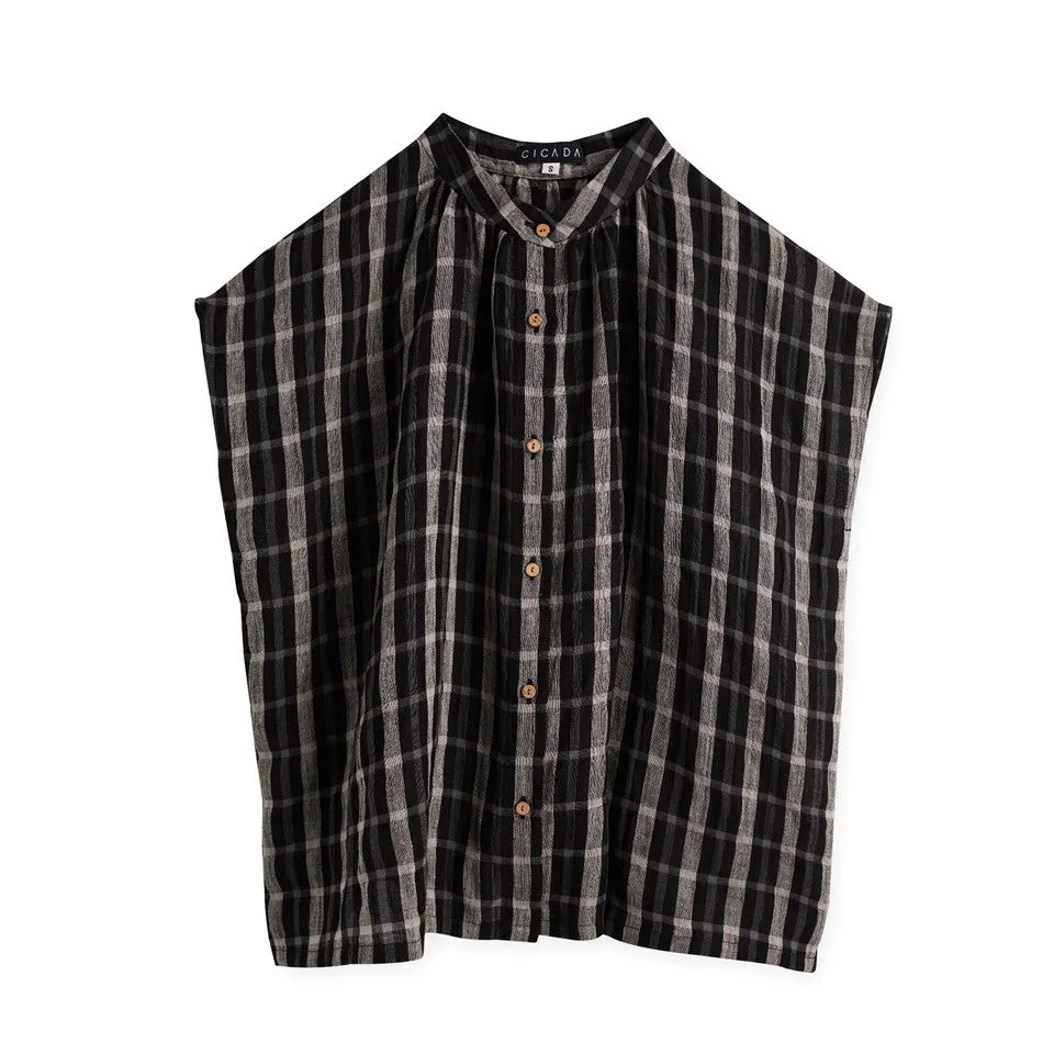 Boxy Cut Mandarin Collar Shirt (Black)