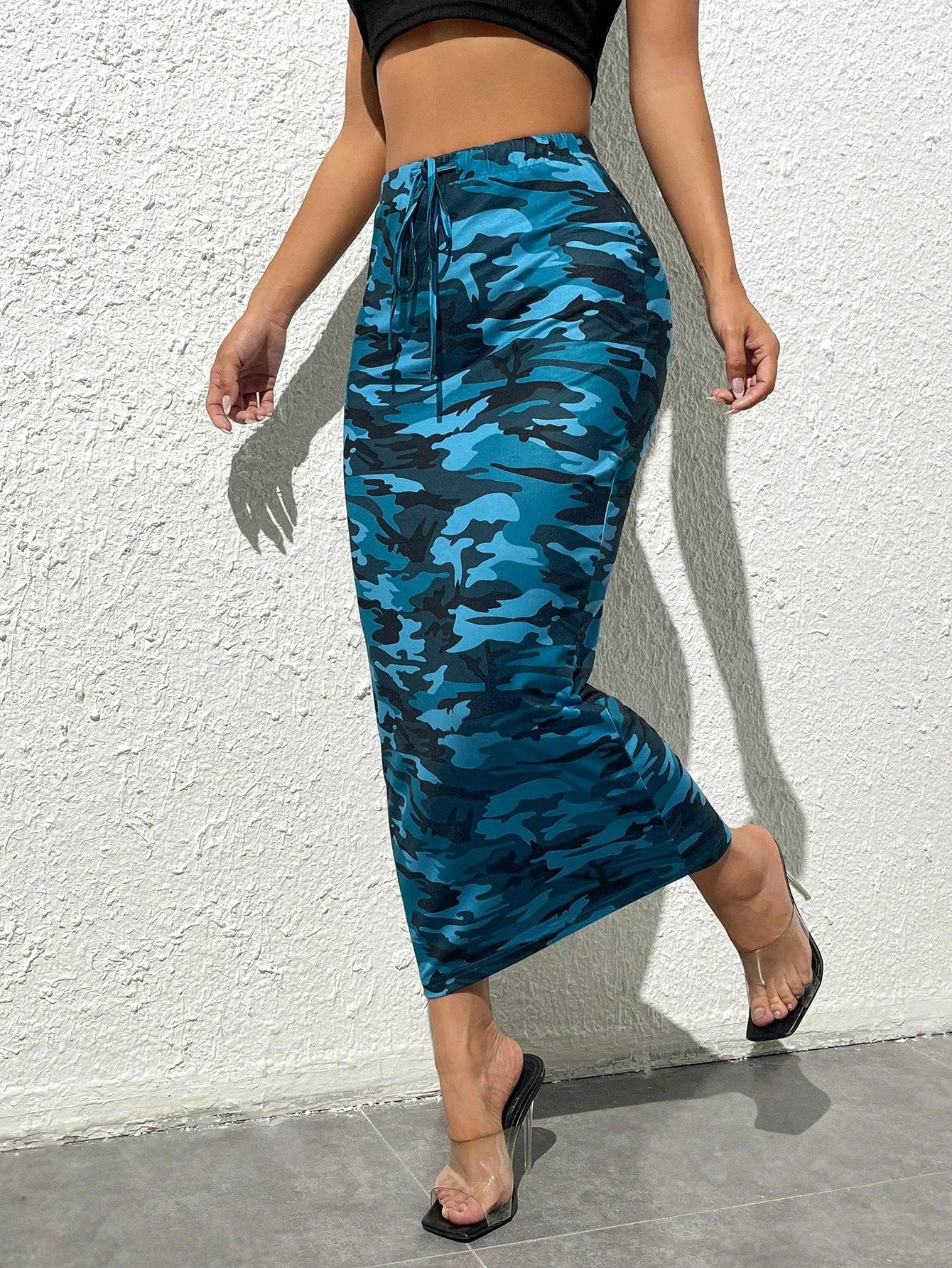 Camo Print Knot Front Pencil High Waisted Skirt SS24