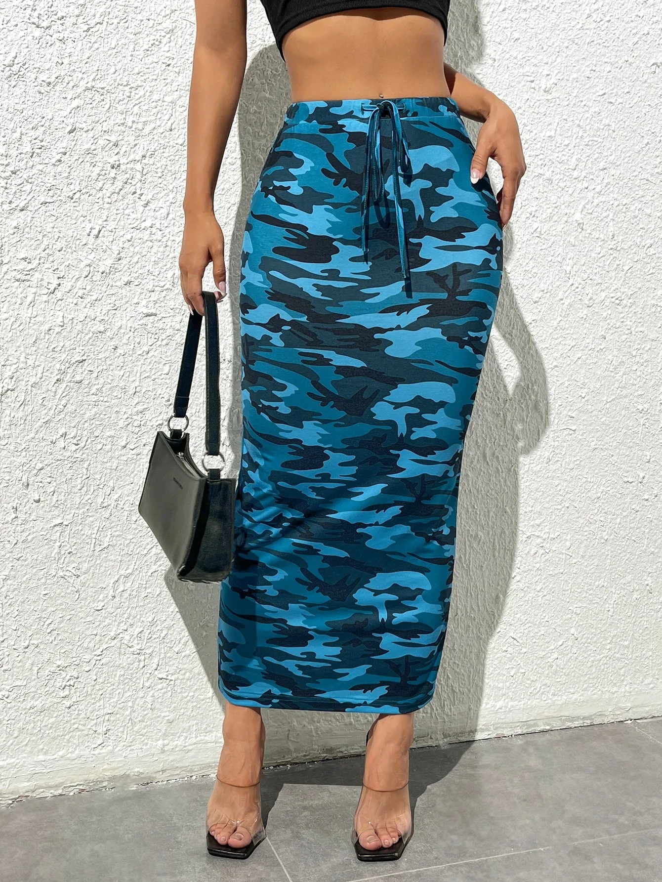 Camo Print Knot Front Pencil High Waisted Skirt SS24