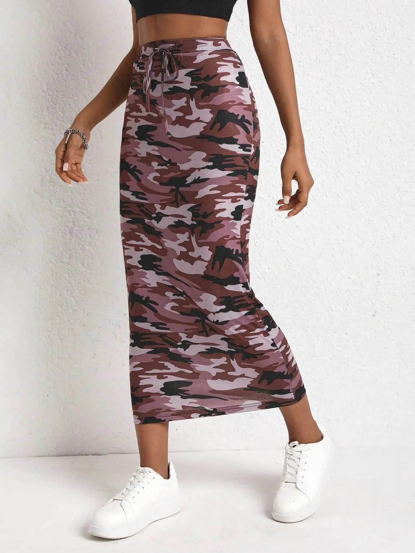 Camo Print Knot Front Pencil High Waisted Skirt SS24