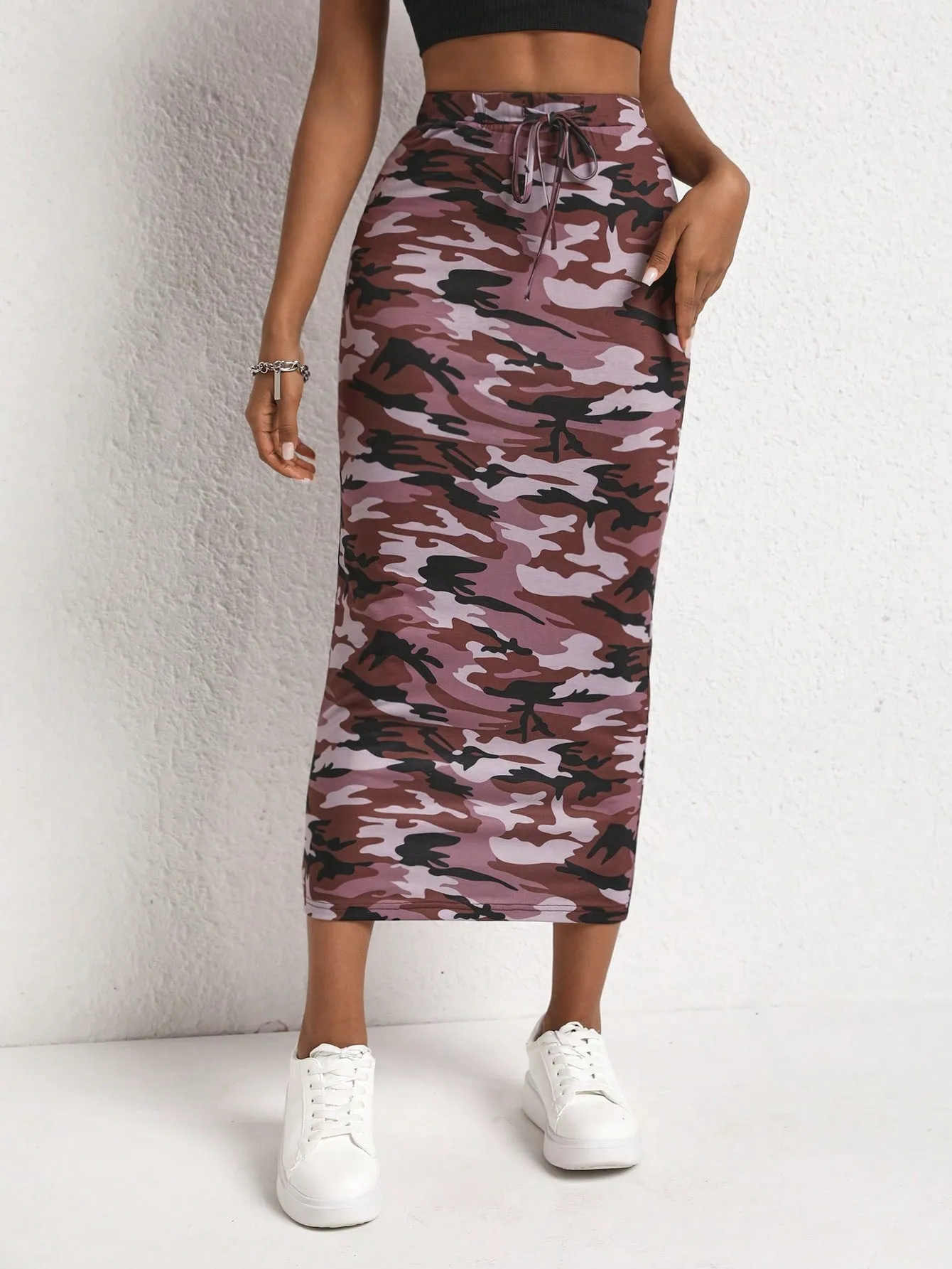 Camo Print Knot Front Pencil High Waisted Skirt SS24