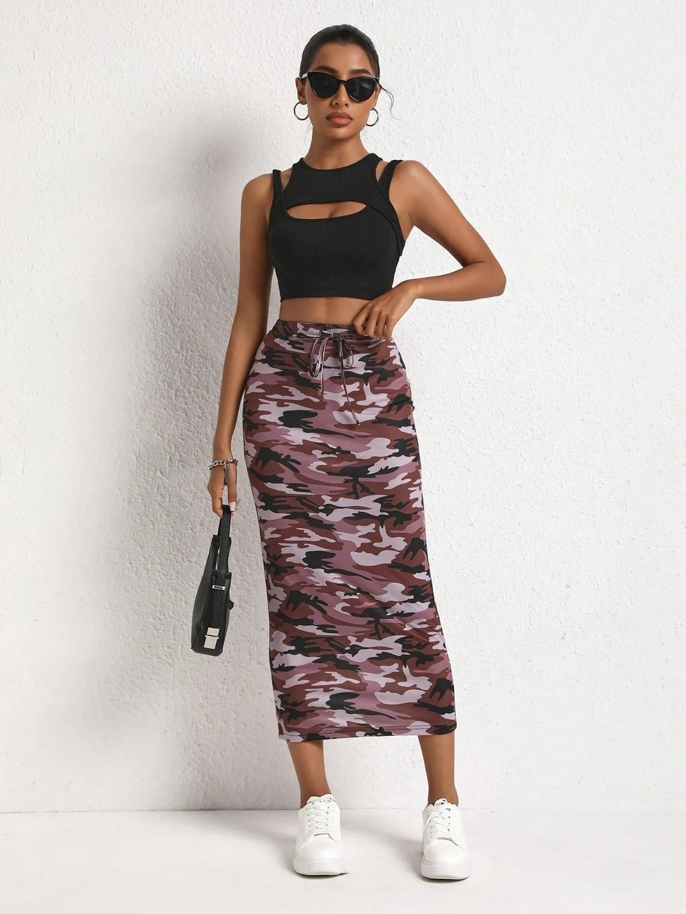 Camo Print Knot Front Pencil High Waisted Skirt SS24