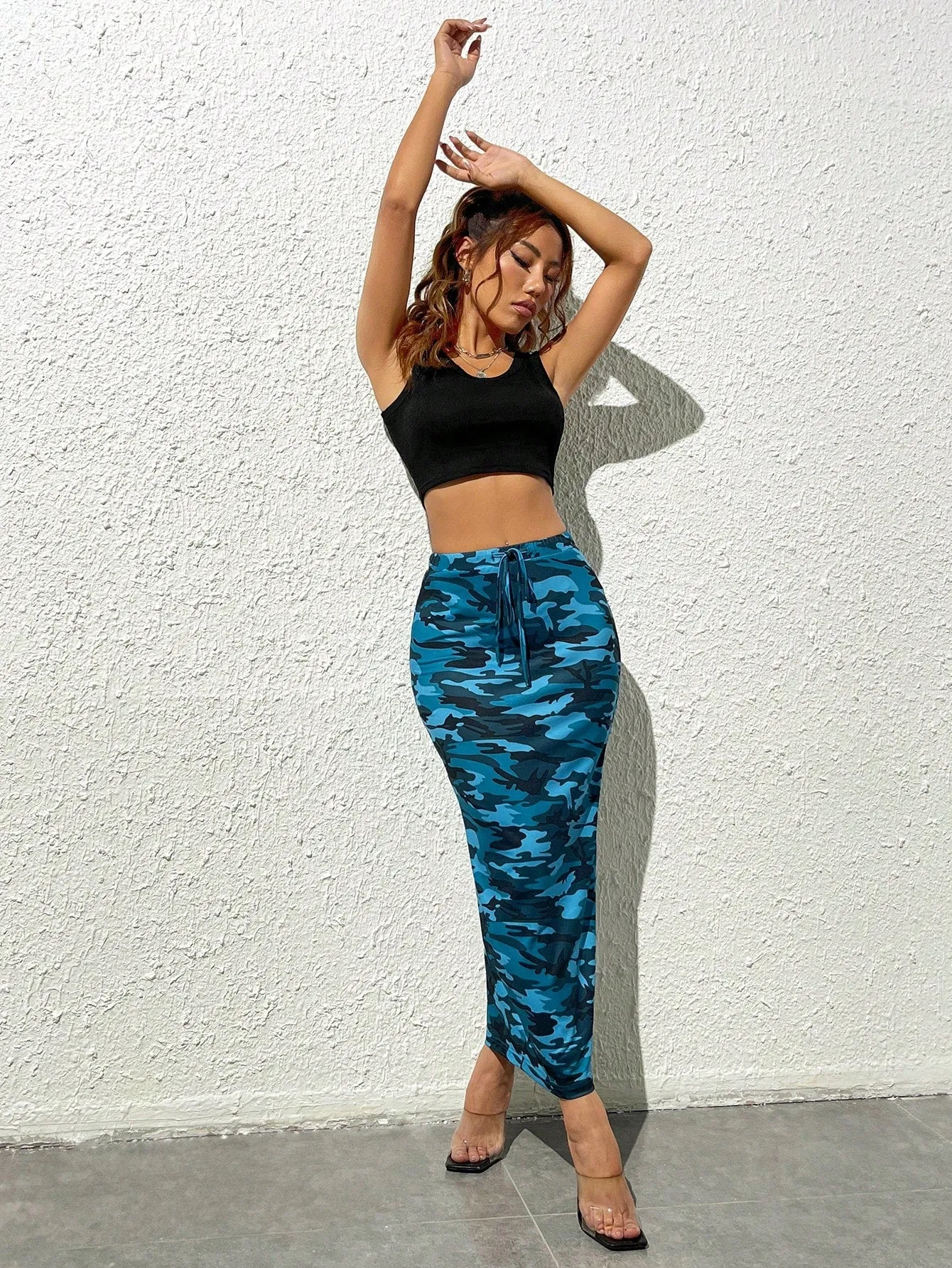 Camo Print Knot Front Pencil High Waisted Skirt SS24