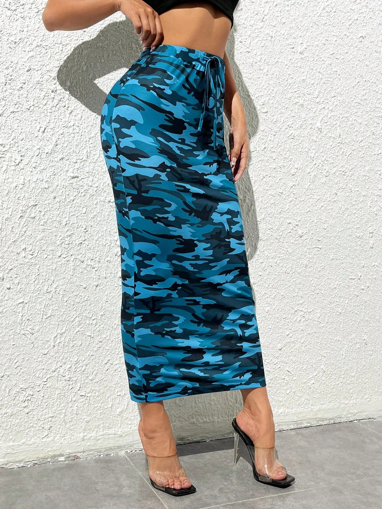 Camo Print Knot Front Pencil High Waisted Skirt SS24