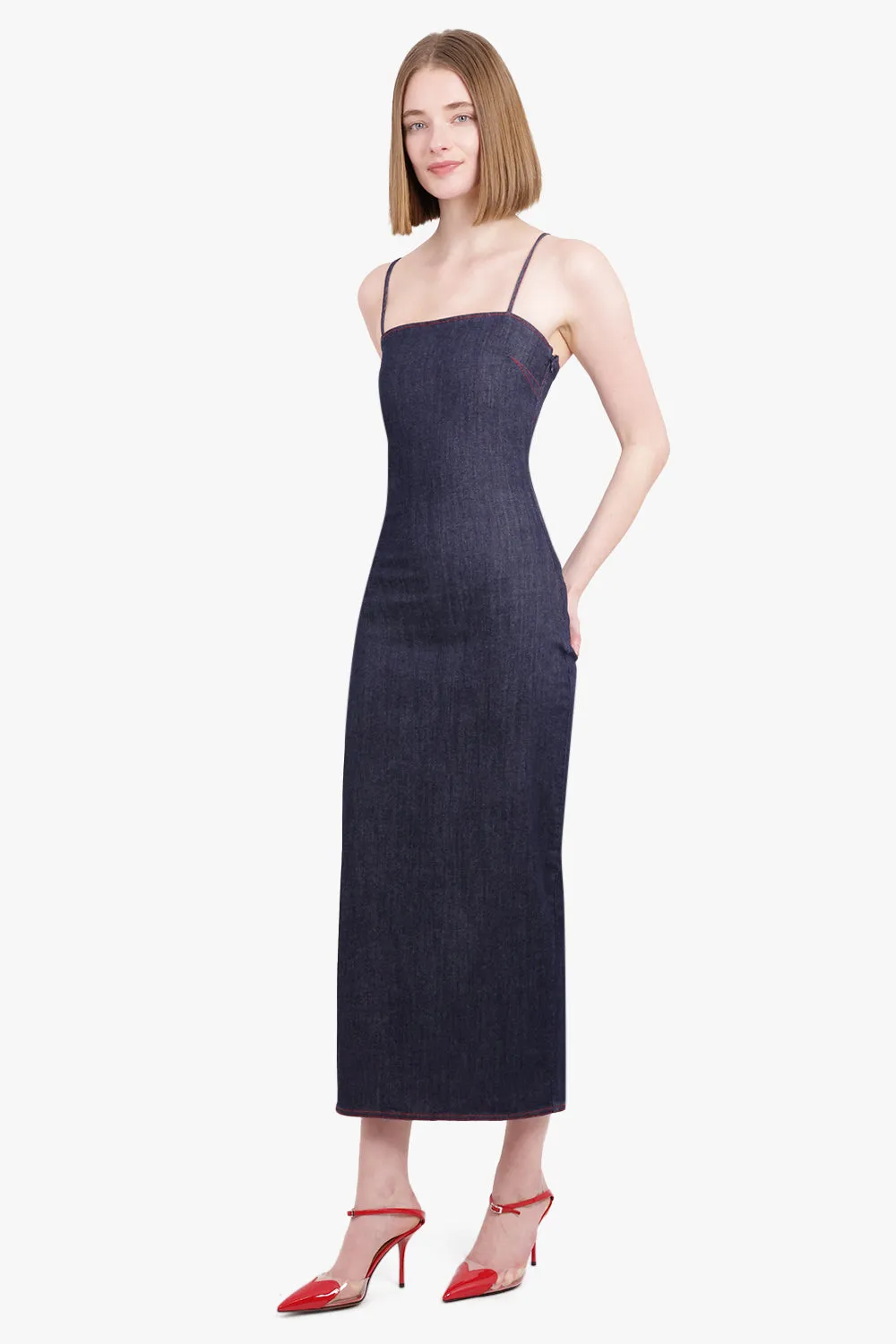 Denim Spaghetti Strap Midi Dress | Dark Blue