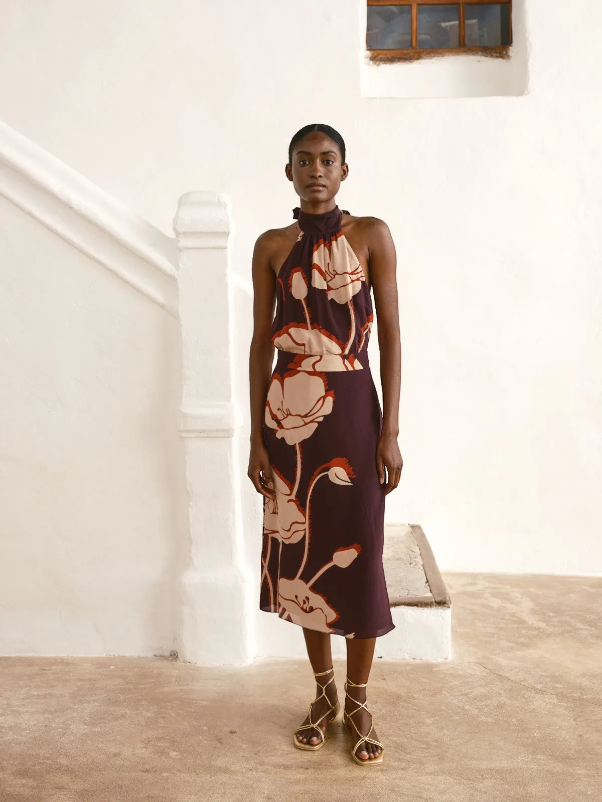 El Carmen Crepe Chine Midi Skirt | Purple Gladiolos