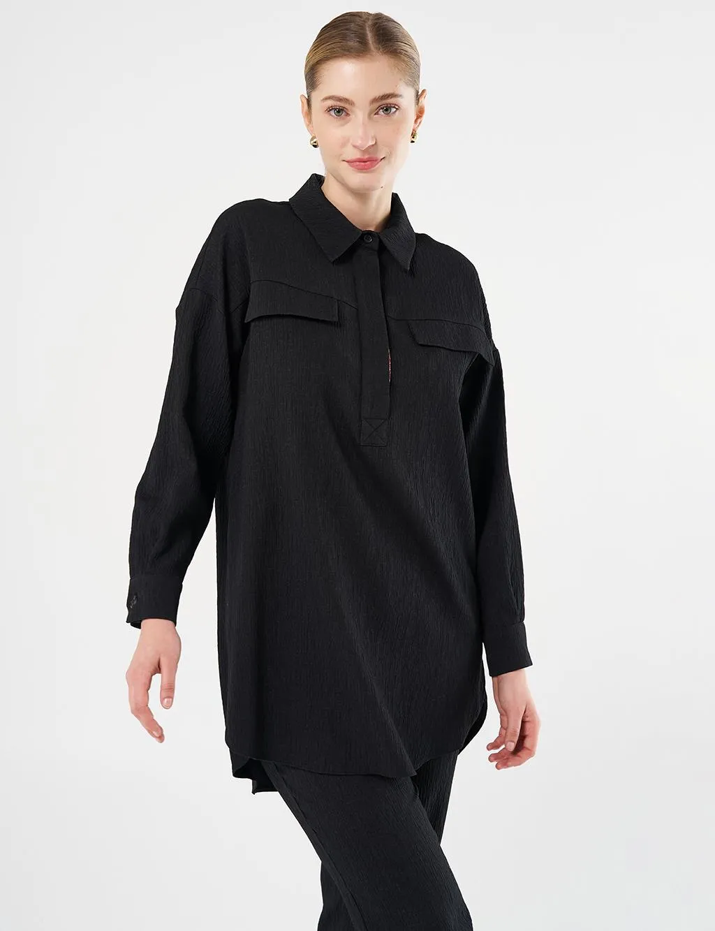 Embosses Double Suit with Flap Pocket Black