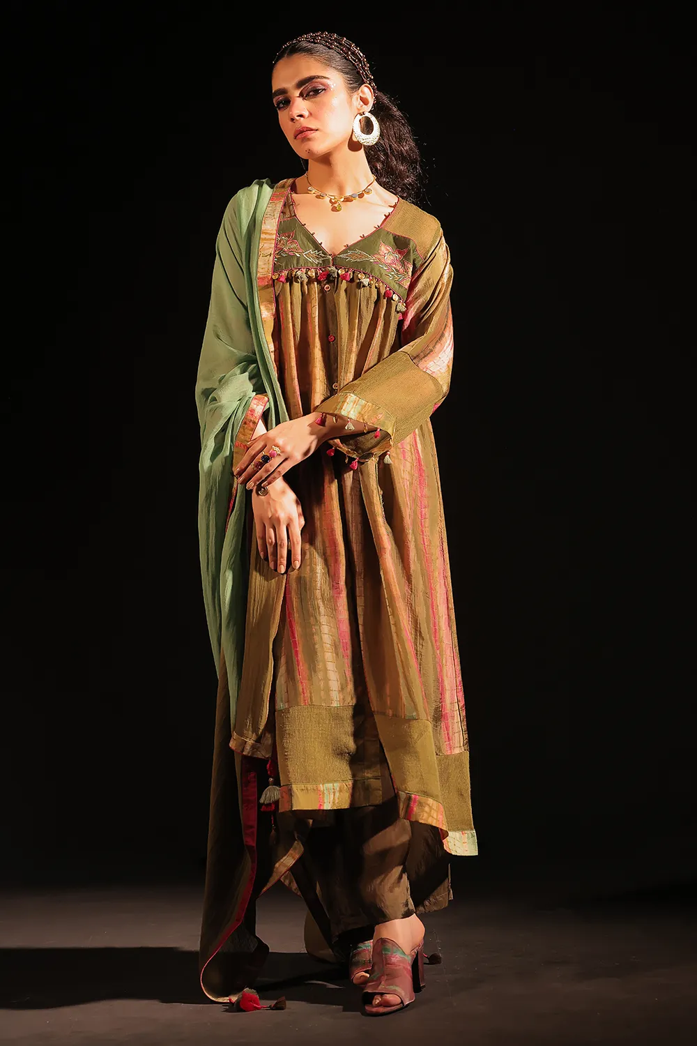Faraa Olive Embroidered Yoke Detailed Kurta Set