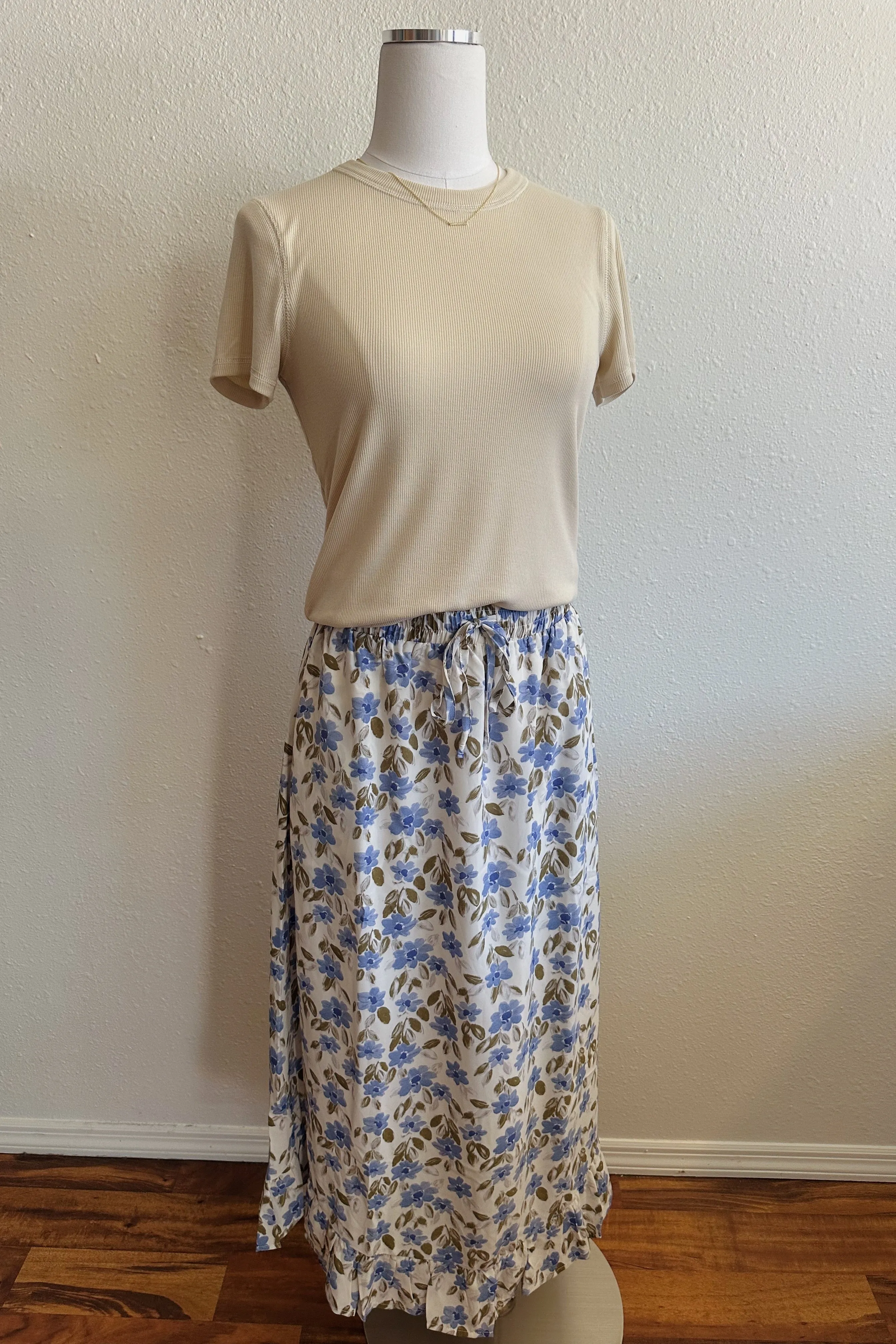 Floral Ruffle Midi Skirt - Blue