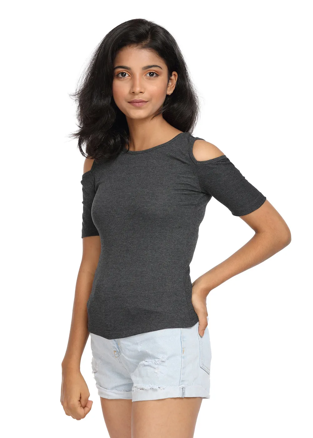 Half Sleeve Ribbed Cold Shoulder Grey Top with a Cross Back
