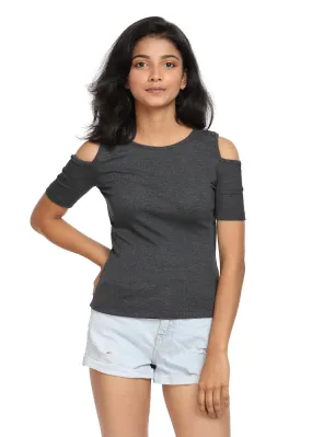 Half Sleeve Ribbed Cold Shoulder Grey Top with a Cross Back