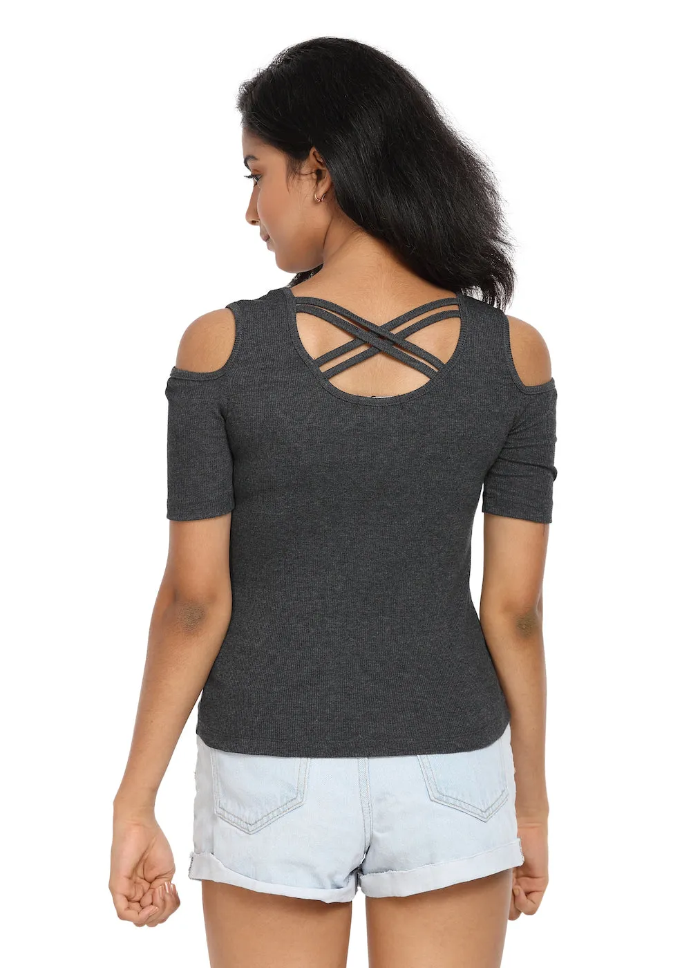 Half Sleeve Ribbed Cold Shoulder Grey Top with a Cross Back
