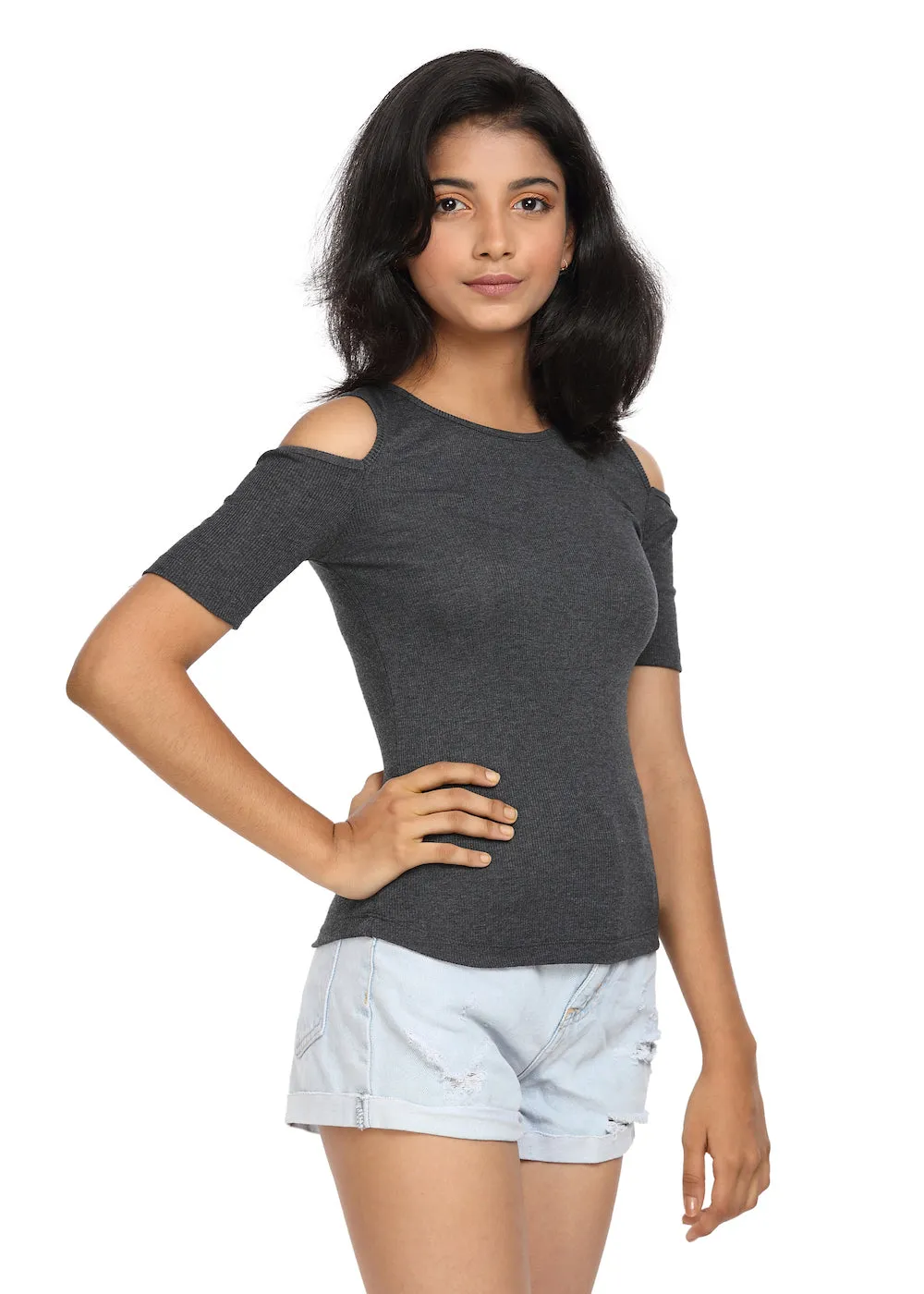 Half Sleeve Ribbed Cold Shoulder Grey Top with a Cross Back