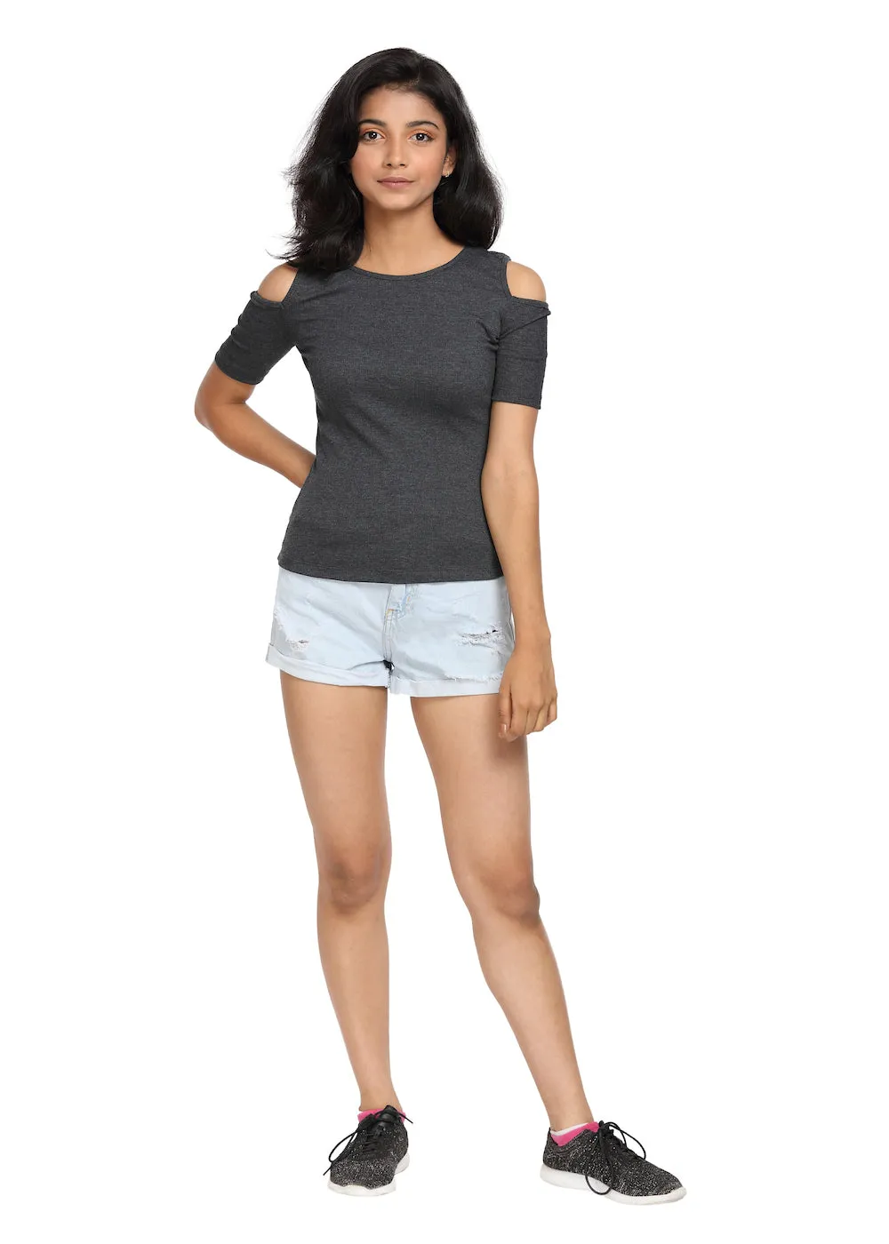 Half Sleeve Ribbed Cold Shoulder Grey Top with a Cross Back