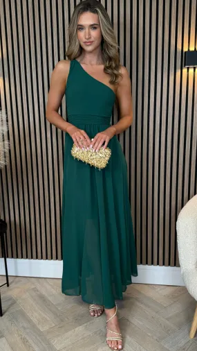 Hendrix Forest Green One Shoulder Full Skirt Midi Dress