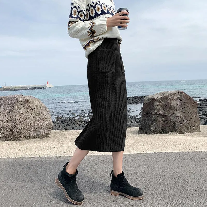 High Waist Mid-Length Knitted Skirt Pants